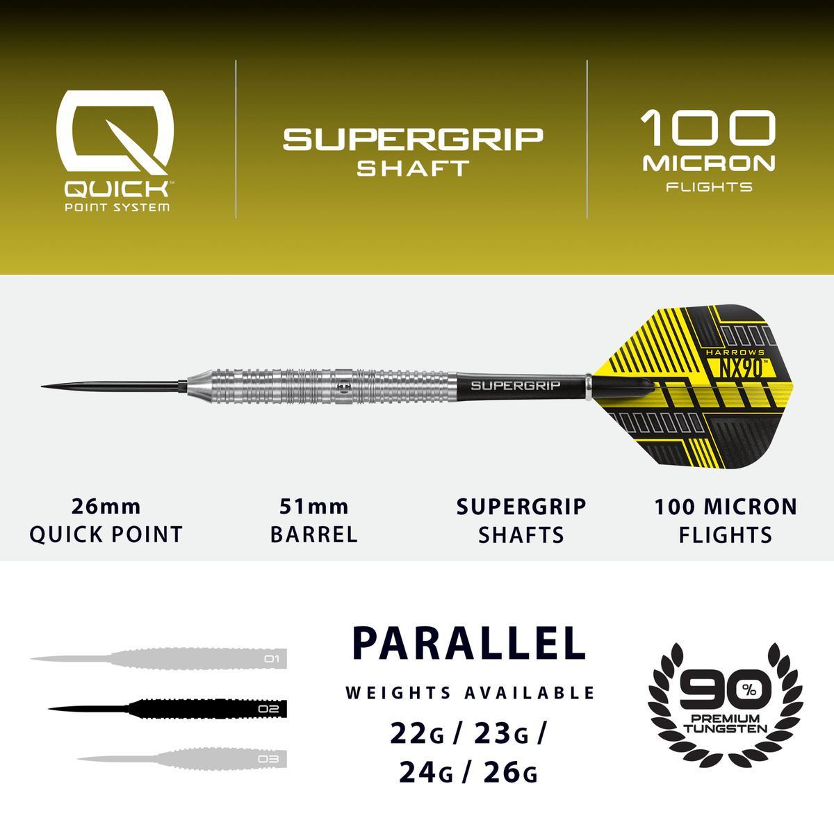 Harrows NX90 Parallel Quick Point Steeldarts Maße