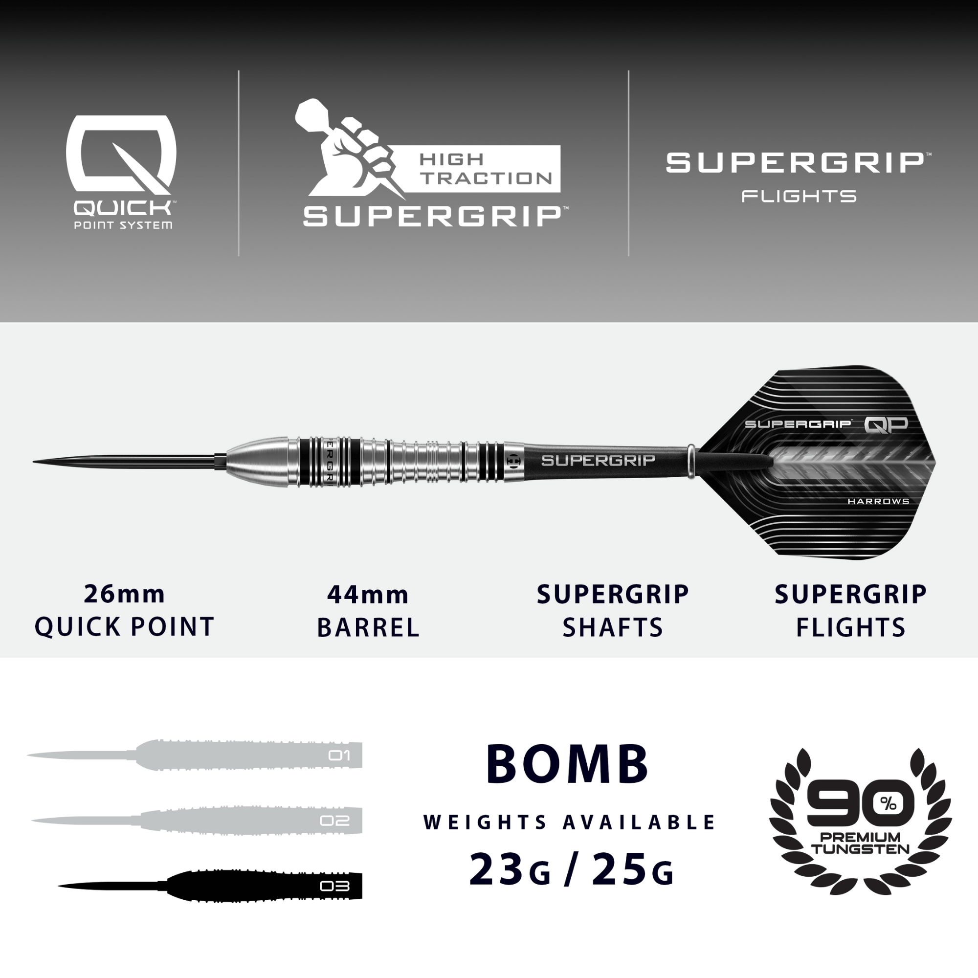 Harrows Supergrip Bomb Quick Point Steeldarts Maße