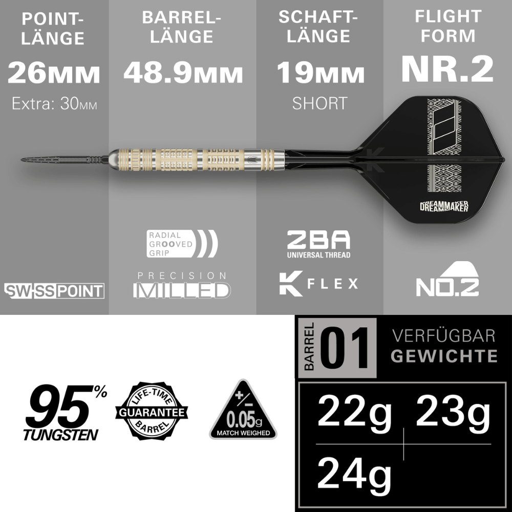 Target Dimitri van den Bergh 95K Swiss Point Steeldarts Längen