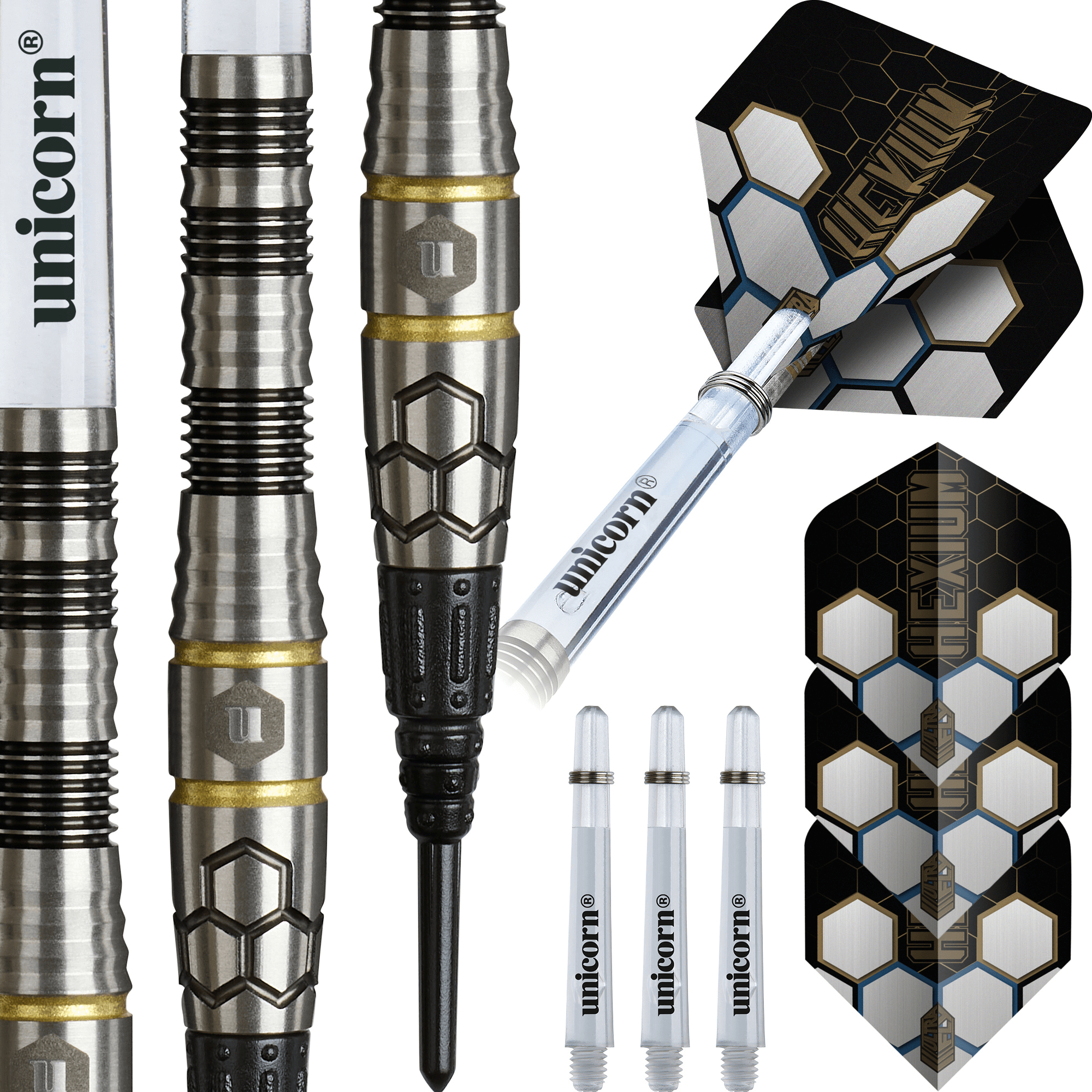 Unicorn Hexium 1 Black & Gold Softdarts Packungsinhalt