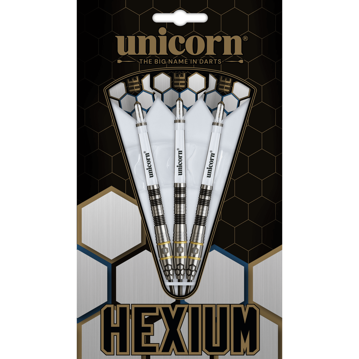 Unicorn Hexium 1 Black & Gold Steeldarts Verpackung