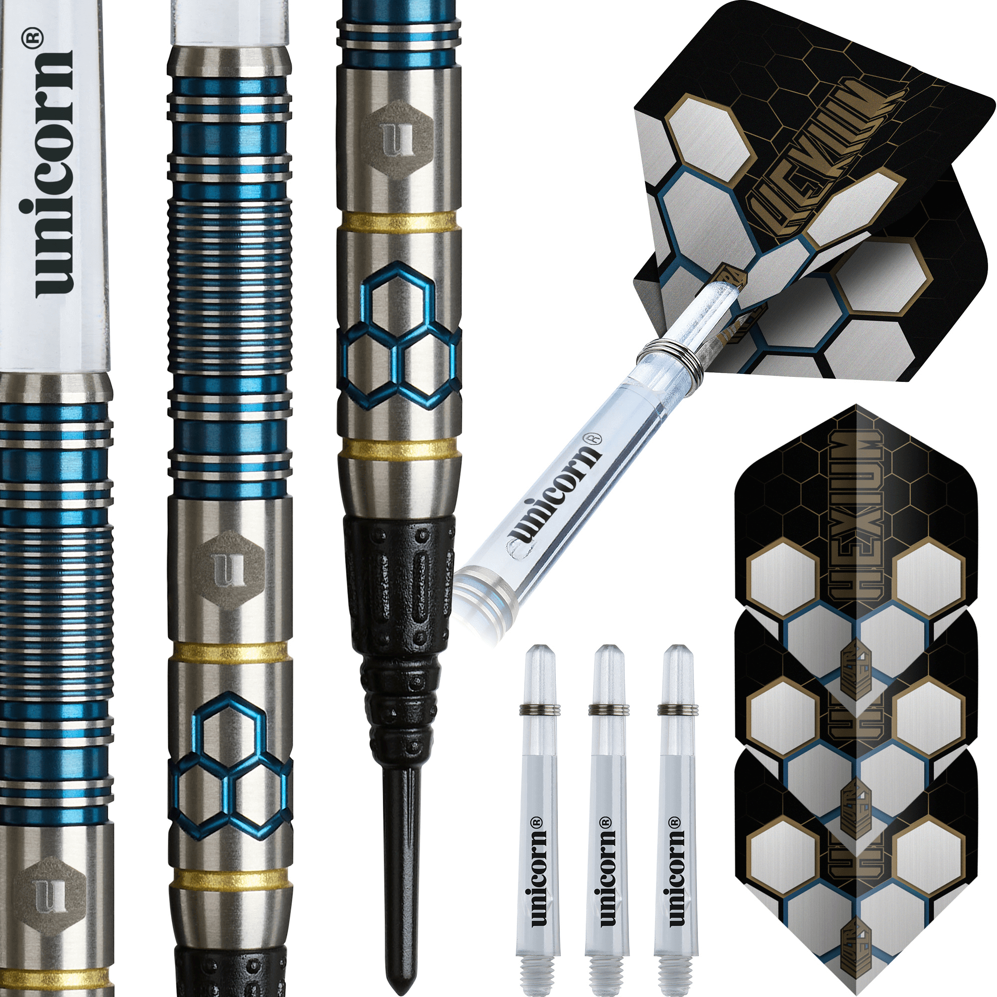 Unicorn Hexium 2 Blue & Gold Softdarts Packungsinhalt