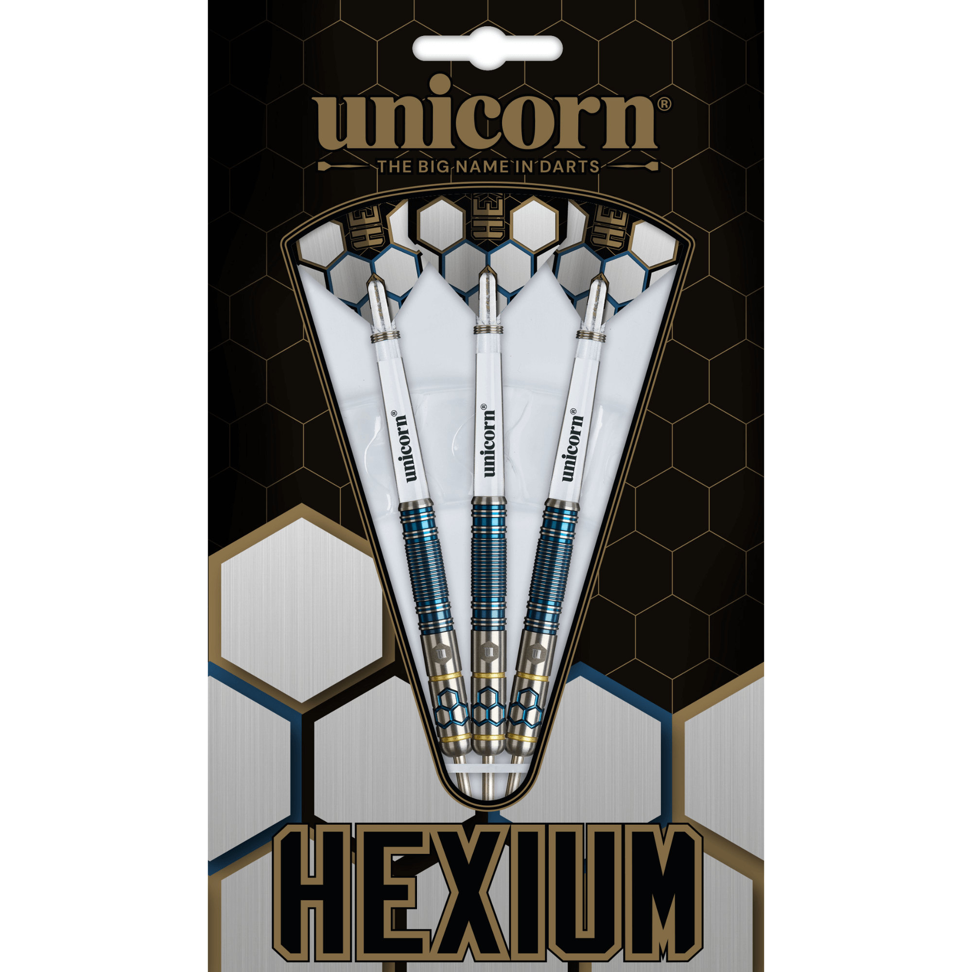 Unicorn Hexium 2 Blue & Gold Steeldarts Verpackung