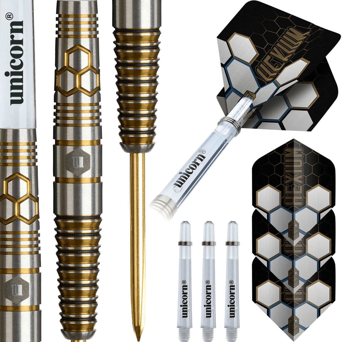 Unicorn Hexium 3 Gold & Black Steeldarts Packungsinhalt